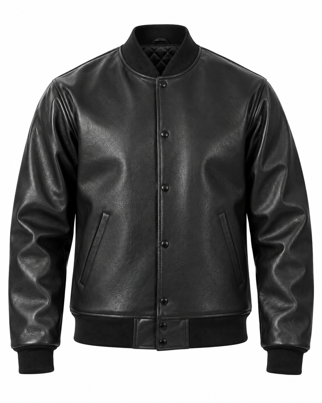 Black Retro Varsity Jacket in Cowhide Leather Front View