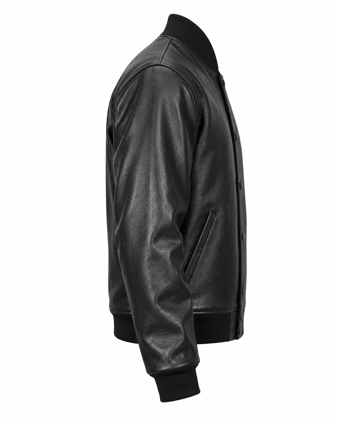 Black Retro Varsity Jacket in Cowhide Leather Right Sleeve View