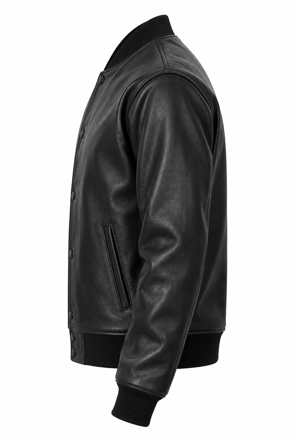 Black Retro Varsity Jacket in Cowhide Leather Left Sleeve View