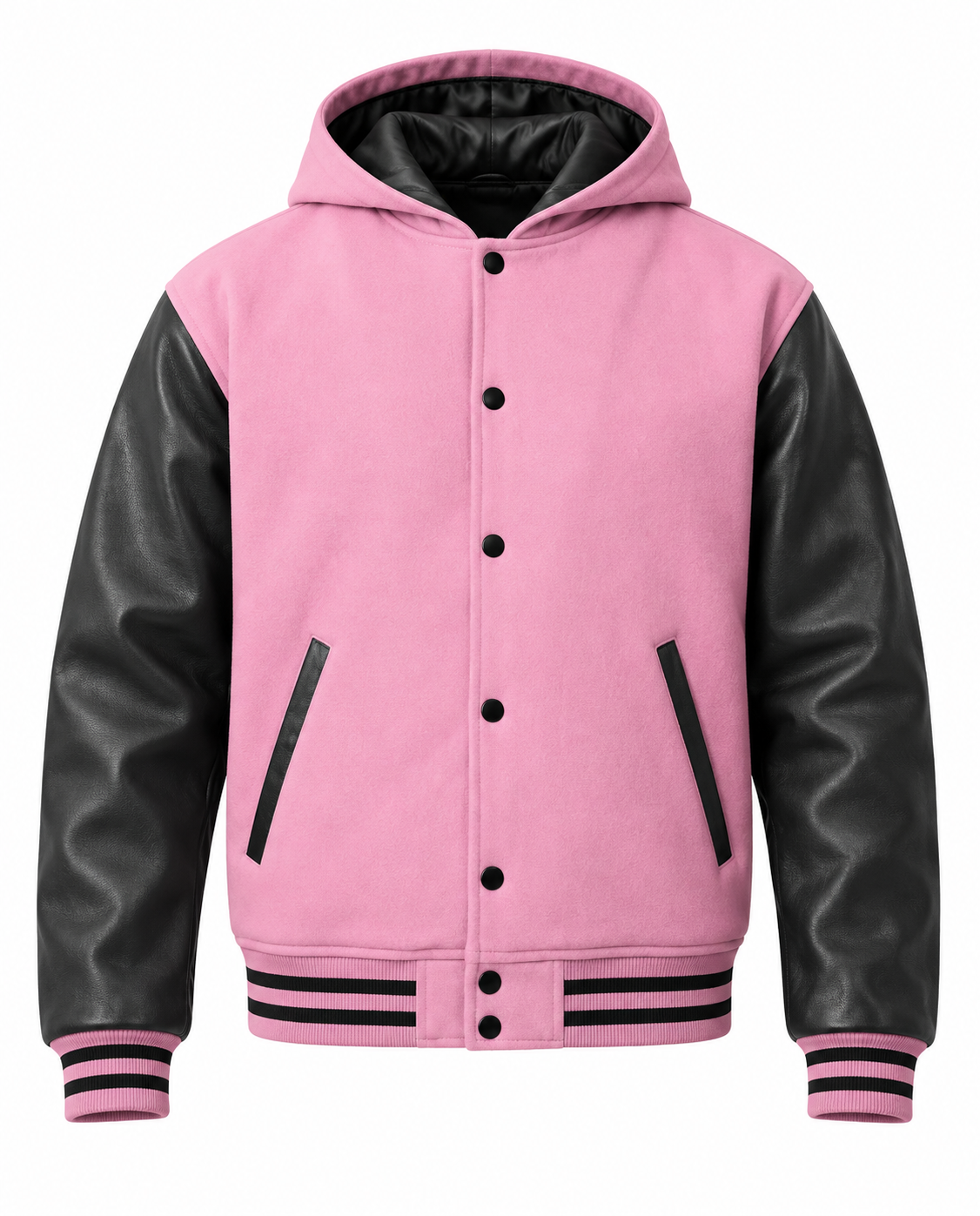 Baby Pink Letterman Jacket With Hood Front View