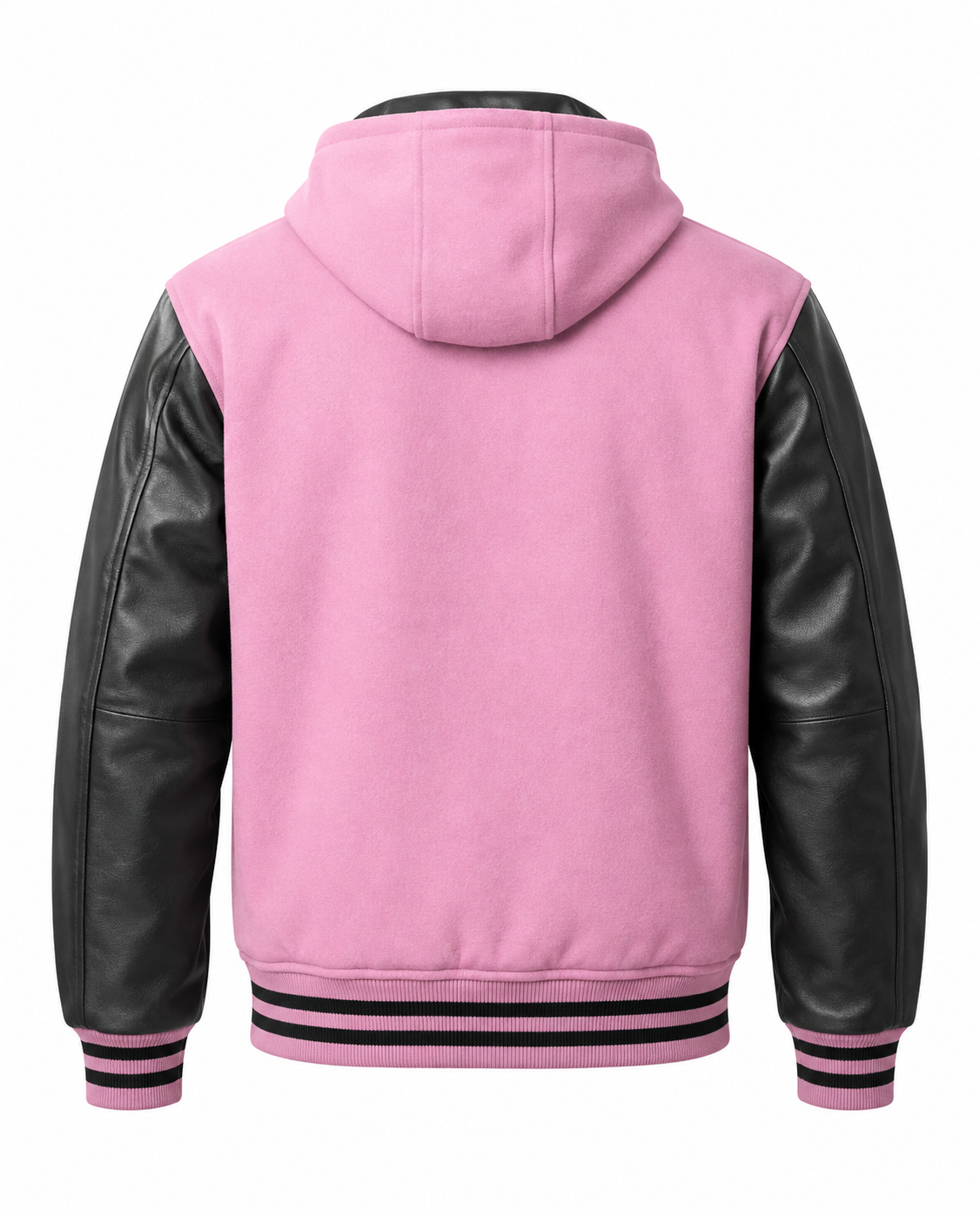 Baby Pink Letterman Jacket With Hood Back View