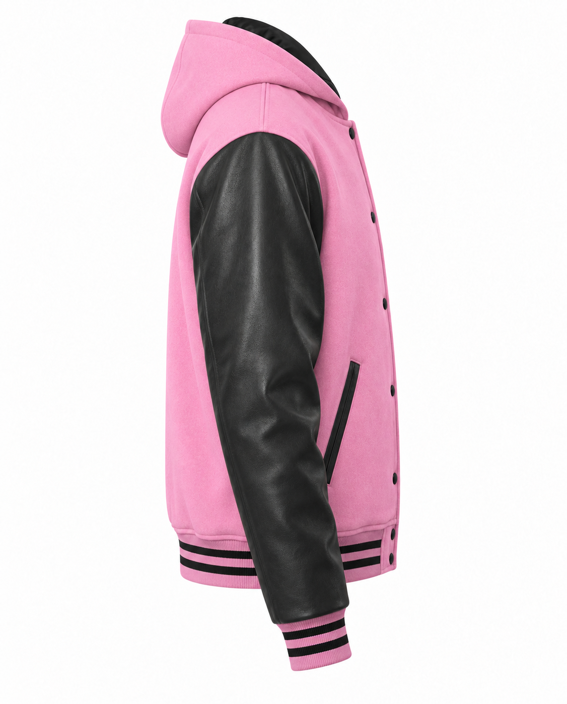 Baby Pink Letterman Jacket With Hood Right Sleeve View