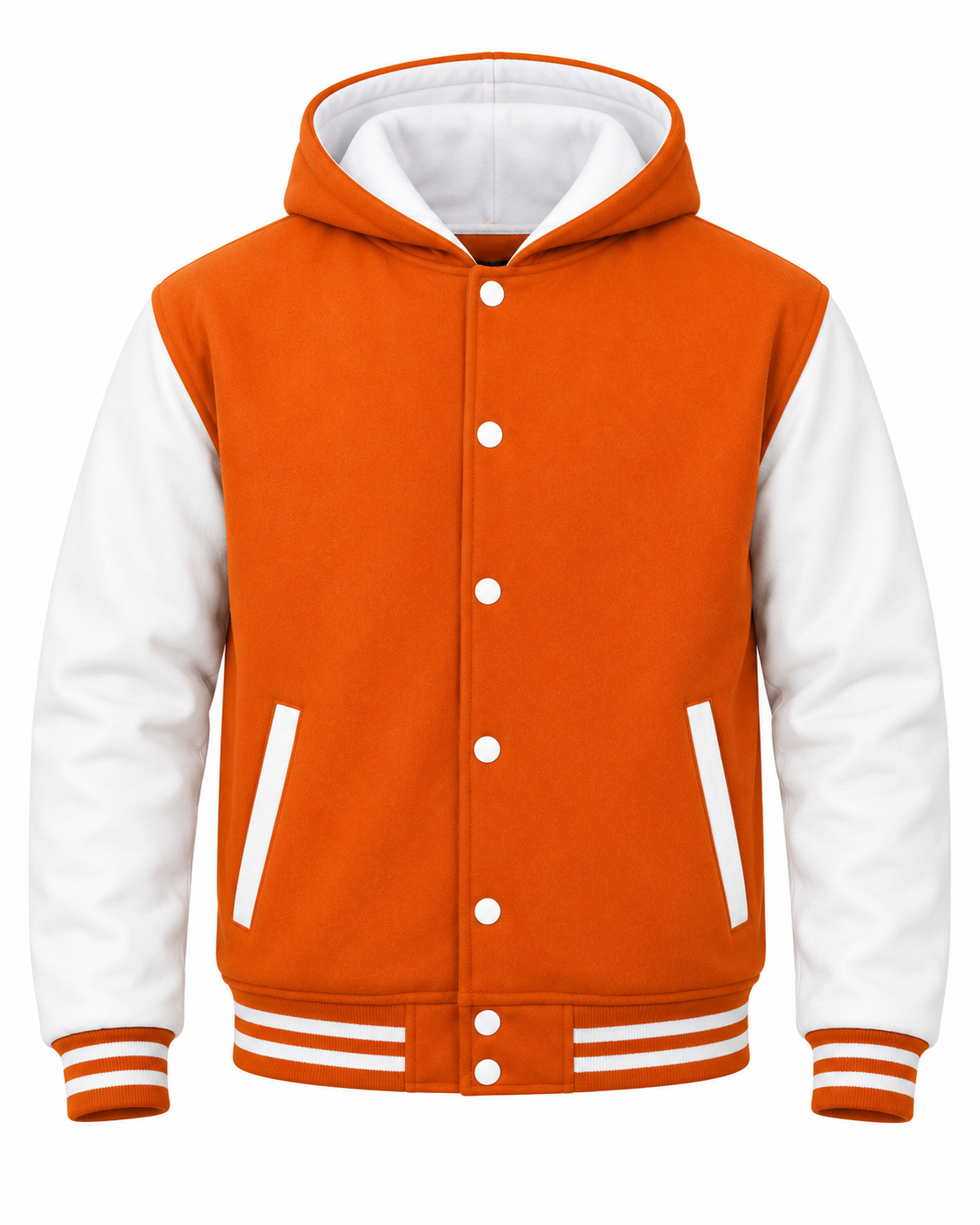 Orange Wool and White Leather Sleeves Varsity Jacket with Hood Front View