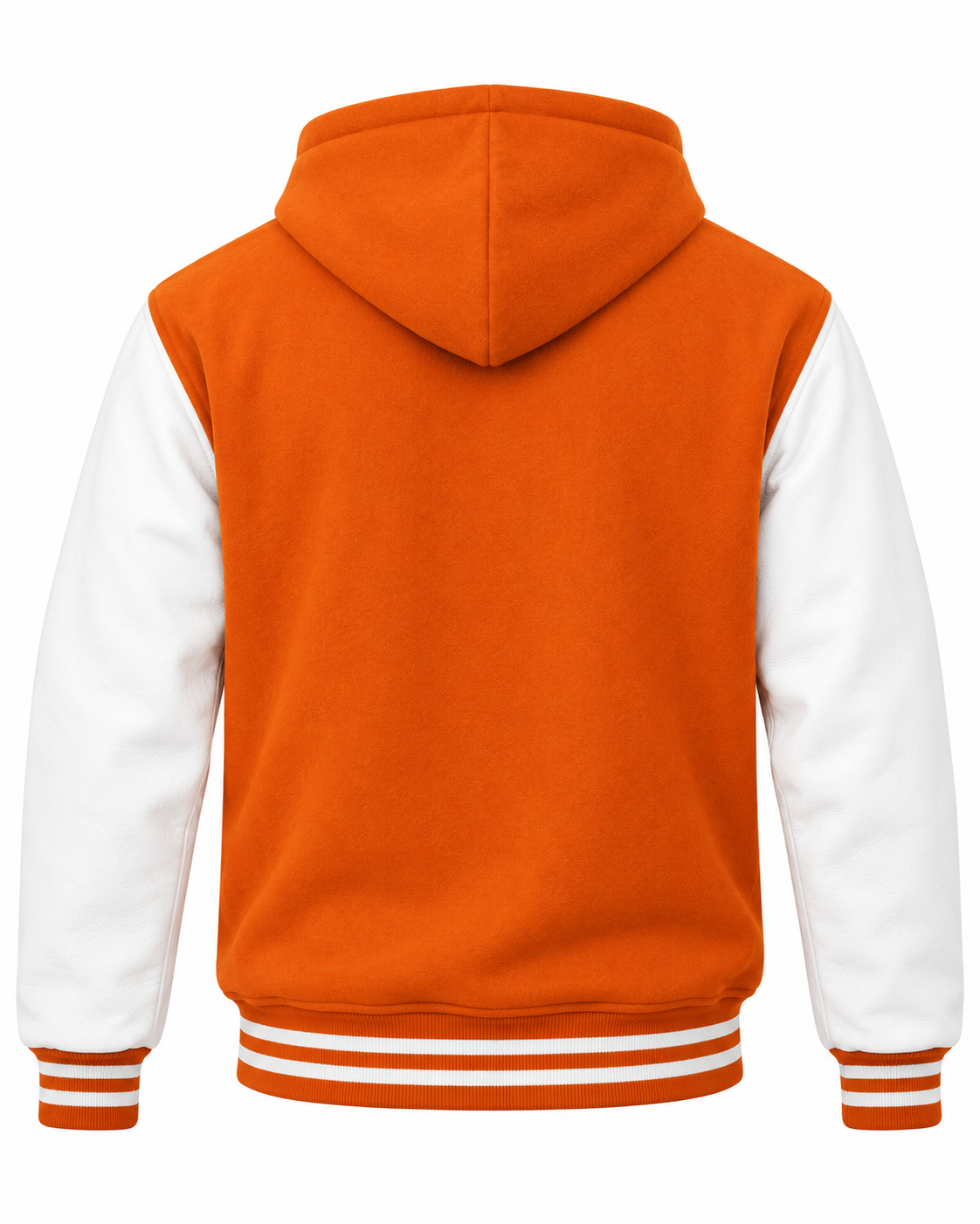 Orange Wool and White Leather Sleeves Varsity Jacket with Hood Back View