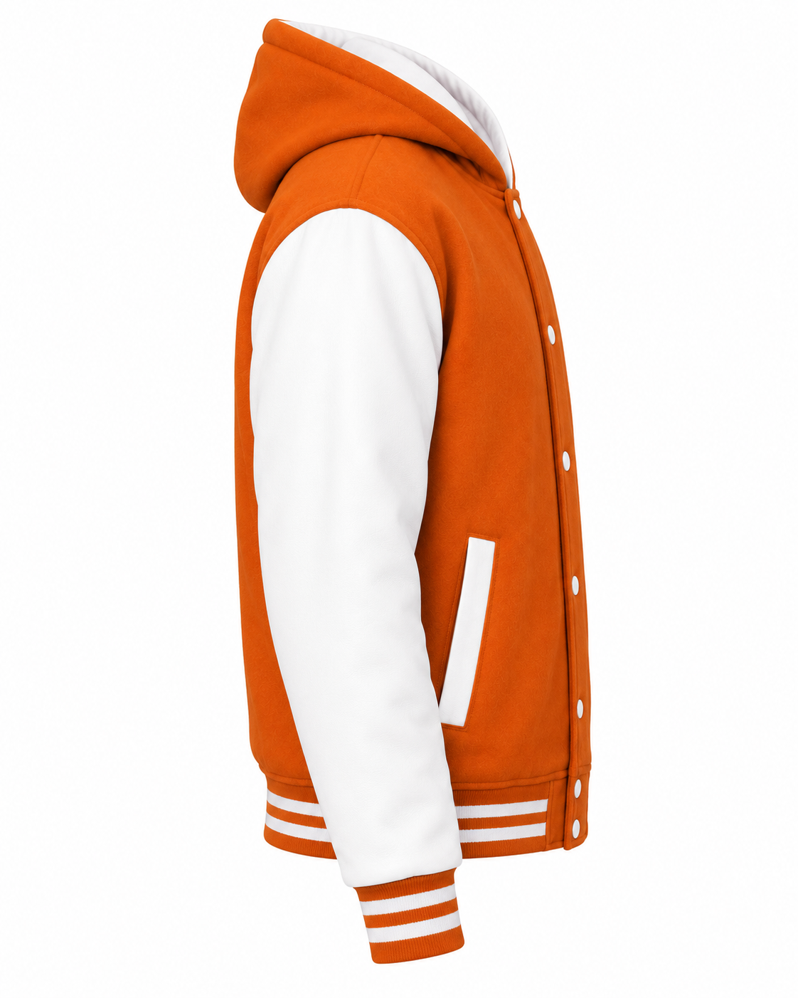 Orange Wool and White Leather Sleeves Varsity Jacket with Hood Right Sleeve View