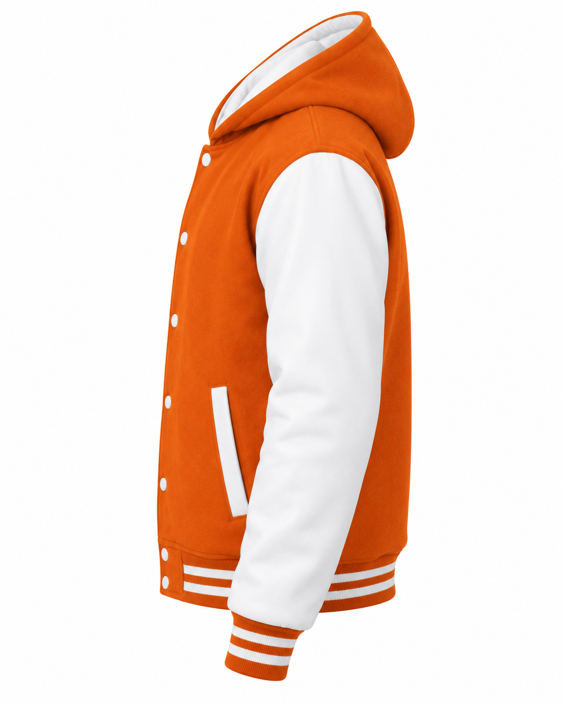 Orange Wool and White Leather Sleeves Varsity Jacket with Hood Left Sleeve View