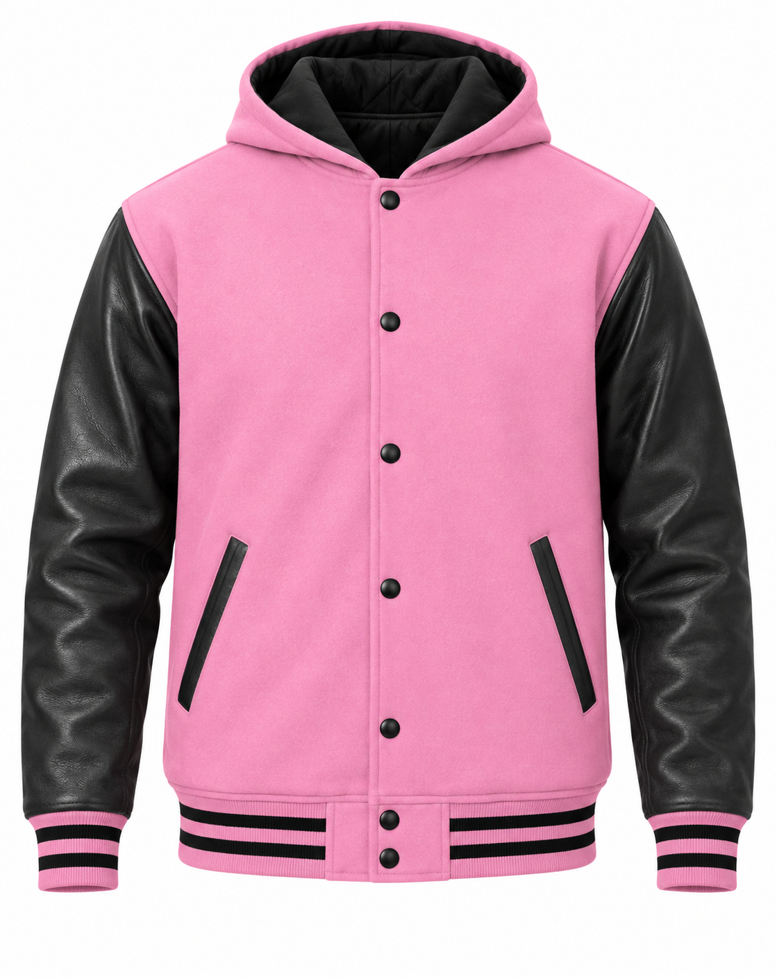 Baby Pink Wool and Black Leather Sleeves Varsity Hoodie Front View
