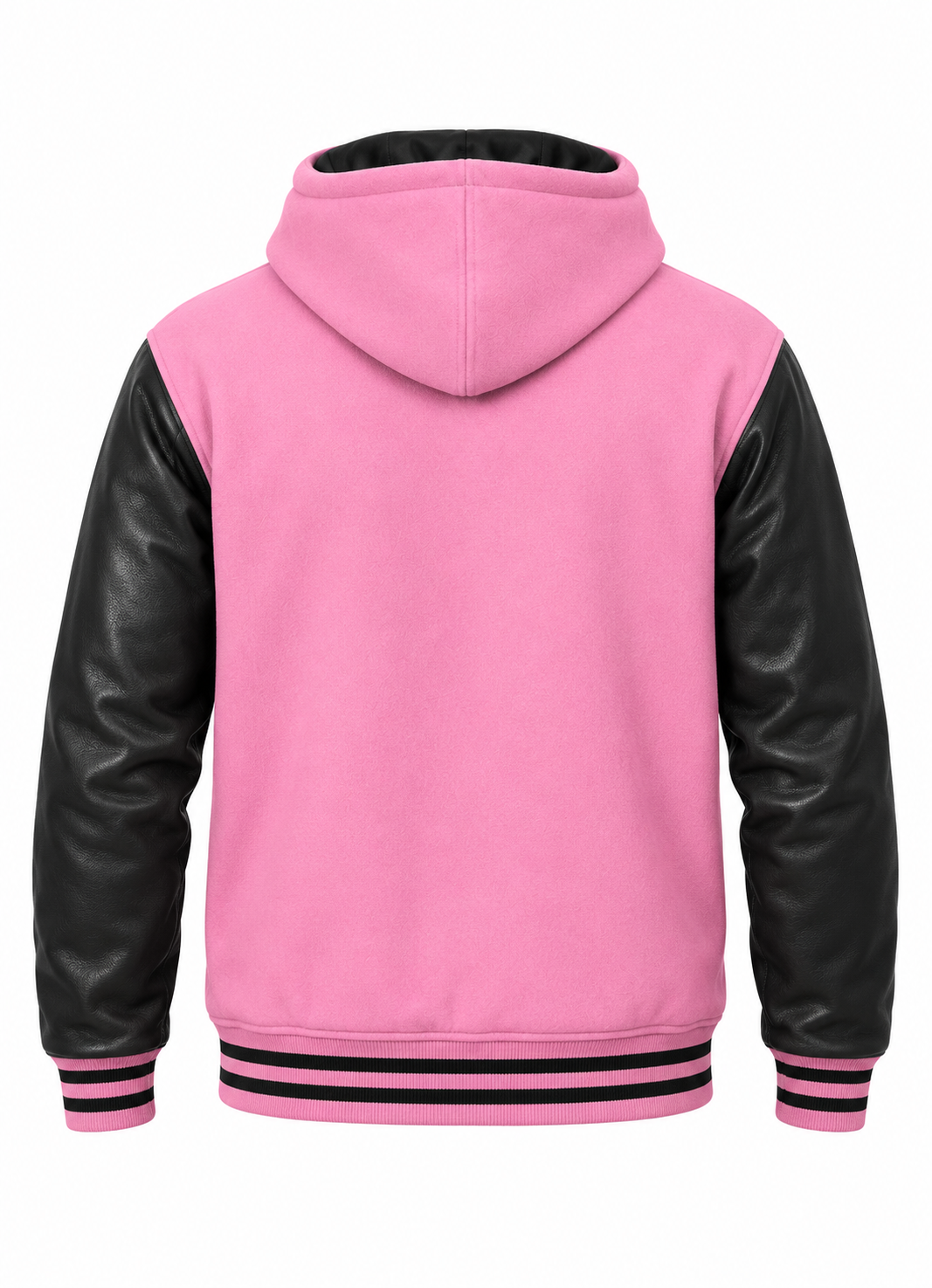 Baby Pink Wool and Black Leather Sleeves Varsity Hoodie Back View