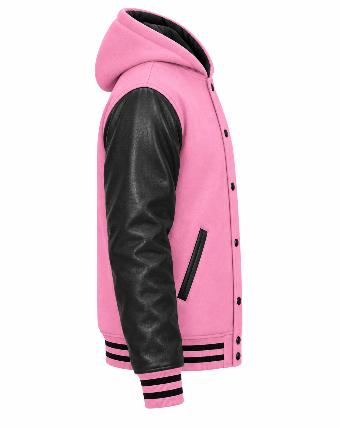Baby Pink Wool and Black Leather Sleeves Varsity Hoodie Right Sleeve View