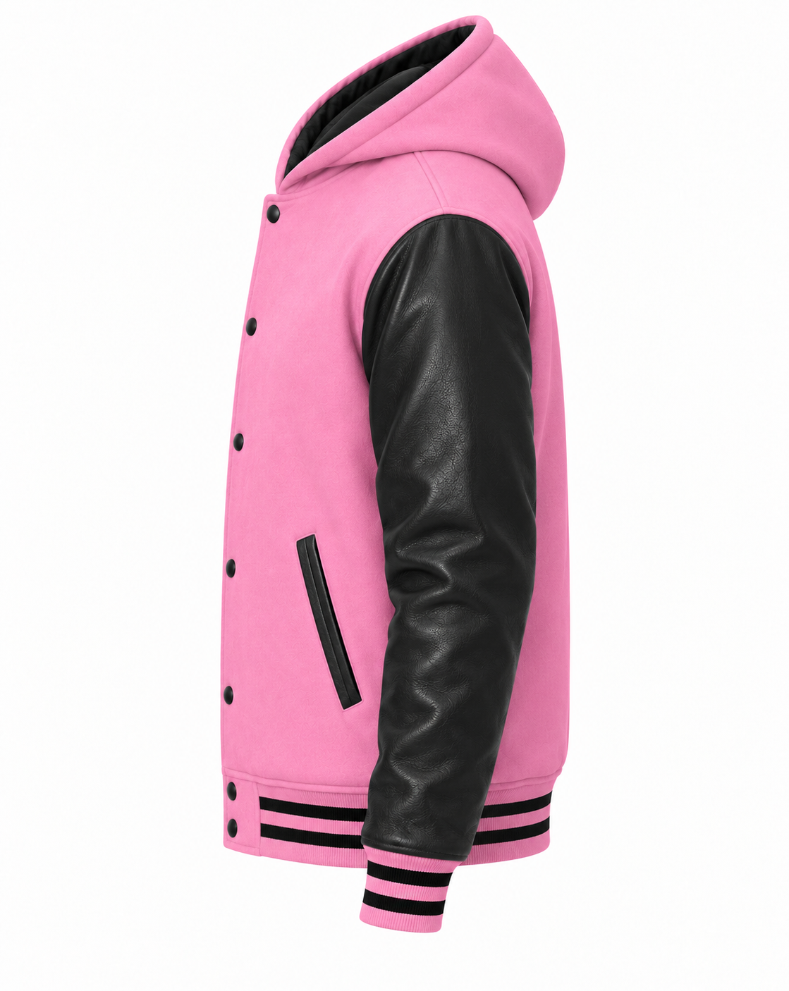 Baby Pink Wool and Black Leather Sleeves Varsity Hoodie Left Sleeve View