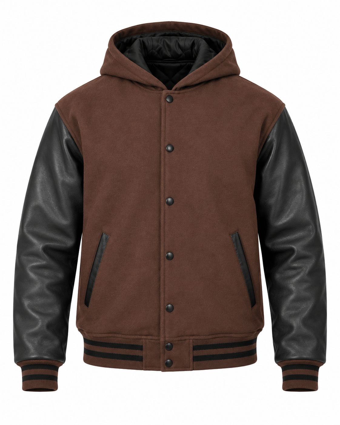 Dark Brown Wool and Black Leather Sleeves Hooded Varsity Jacket Front View