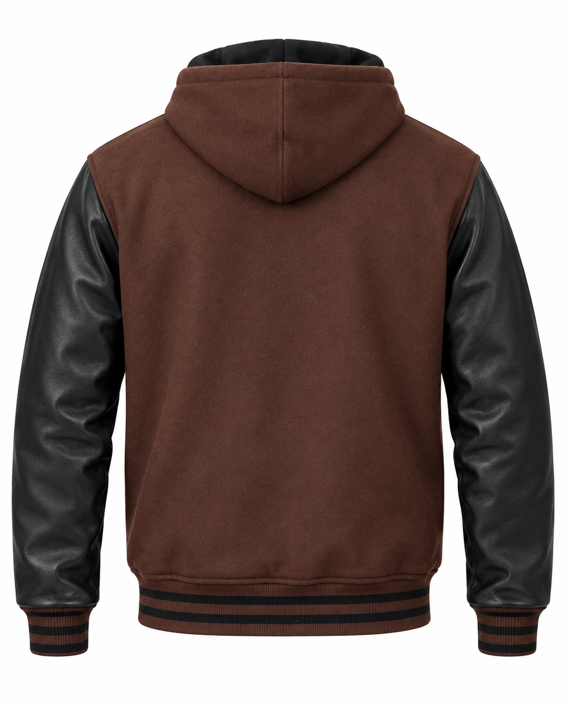 Dark Brown Wool and Black Leather Sleeves Hooded Varsity Jacket Back View