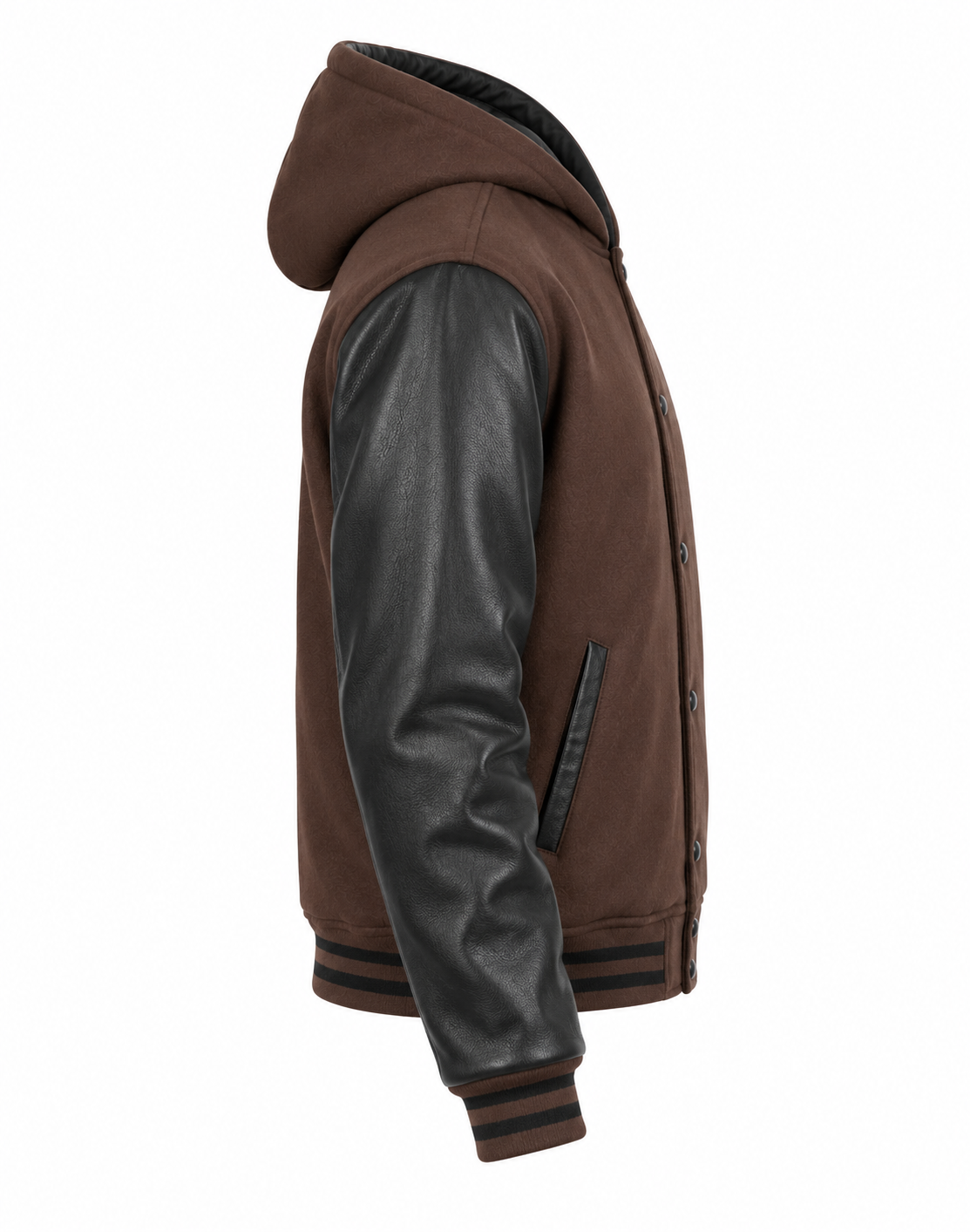 Dark Brown Wool and Black Leather Sleeves Hooded Varsity Jacket Right Sleeve View