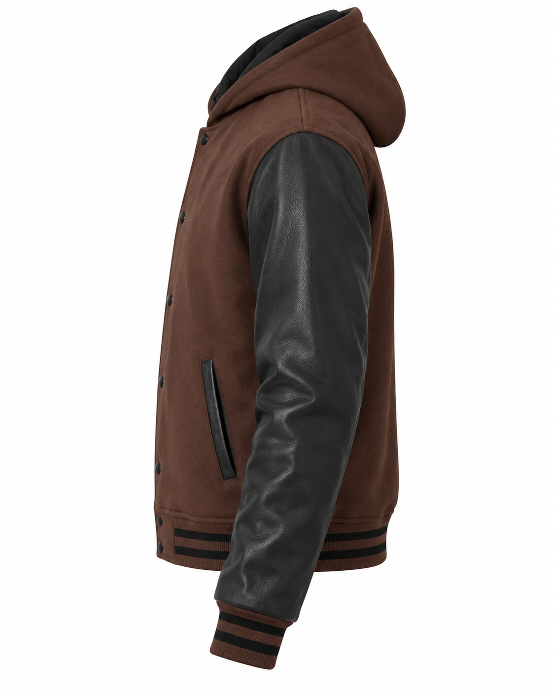 Dark Brown Wool and Black Leather Sleeves Hooded Varsity Jacket Left Sleeve View