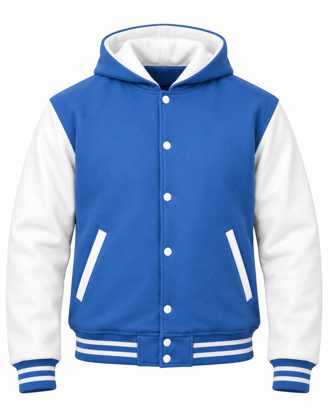 Sky Blue Wool and White Leather Sleeves Varsity Hoodie Front View