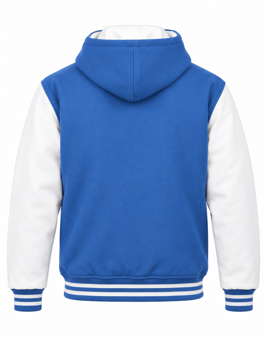 Sky Blue Wool and White Leather Sleeves Varsity Hoodie Back View