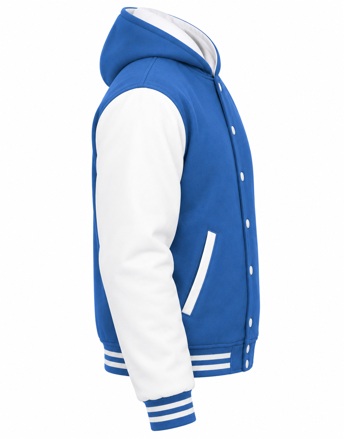 Sky Blue Wool and White Leather Sleeves Varsity Hoodie Right Sleeve View