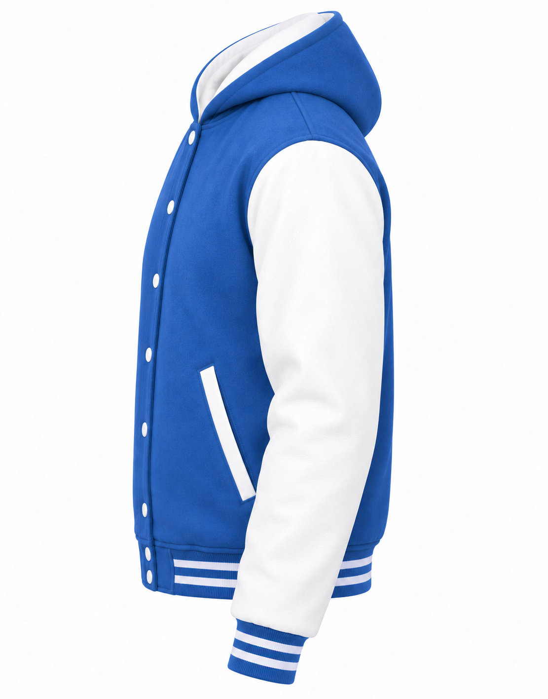Sky Blue Wool and White Leather Sleeves Varsity Hoodie Left Sleeve View