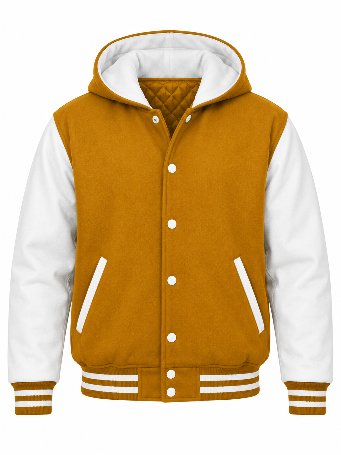 Old Gold Wool and White Leather Sleeves Hooded Varsity Jacket Front View