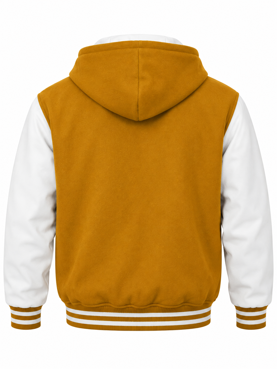Old Gold Wool and White Leather Sleeves Hooded Varsity Jacket Back View