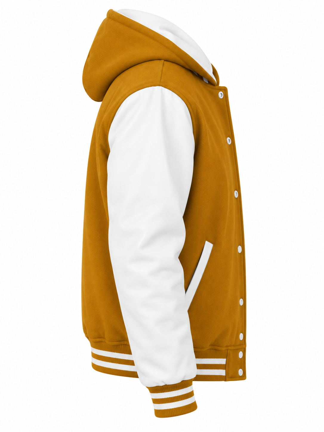 Old Gold Wool and White Leather Sleeves Hooded Varsity Jacket Right Sleeve View