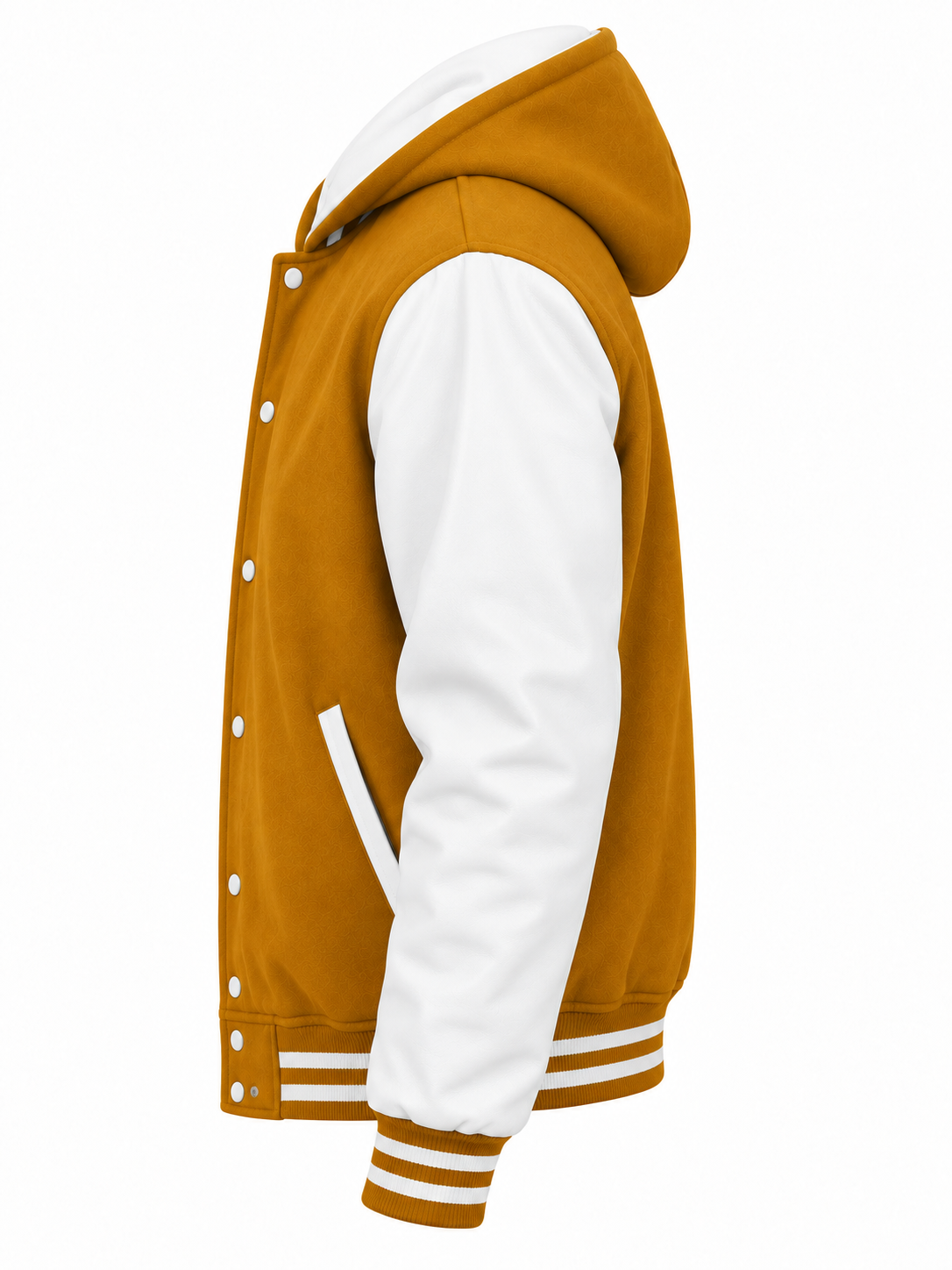 Old Gold Wool and White Leather Sleeves Hooded Varsity Jacket Left Sleeve View