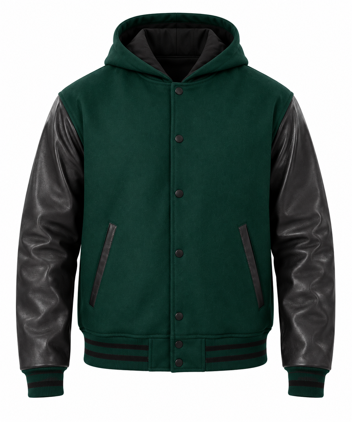 Dark Green Wool and Black Leather Sleeves Varsity Hoodie Front View