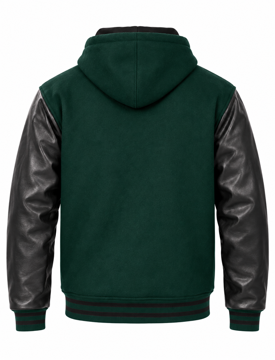 Dark Green Wool and Black Leather Sleeves Varsity Hoodie Back View
