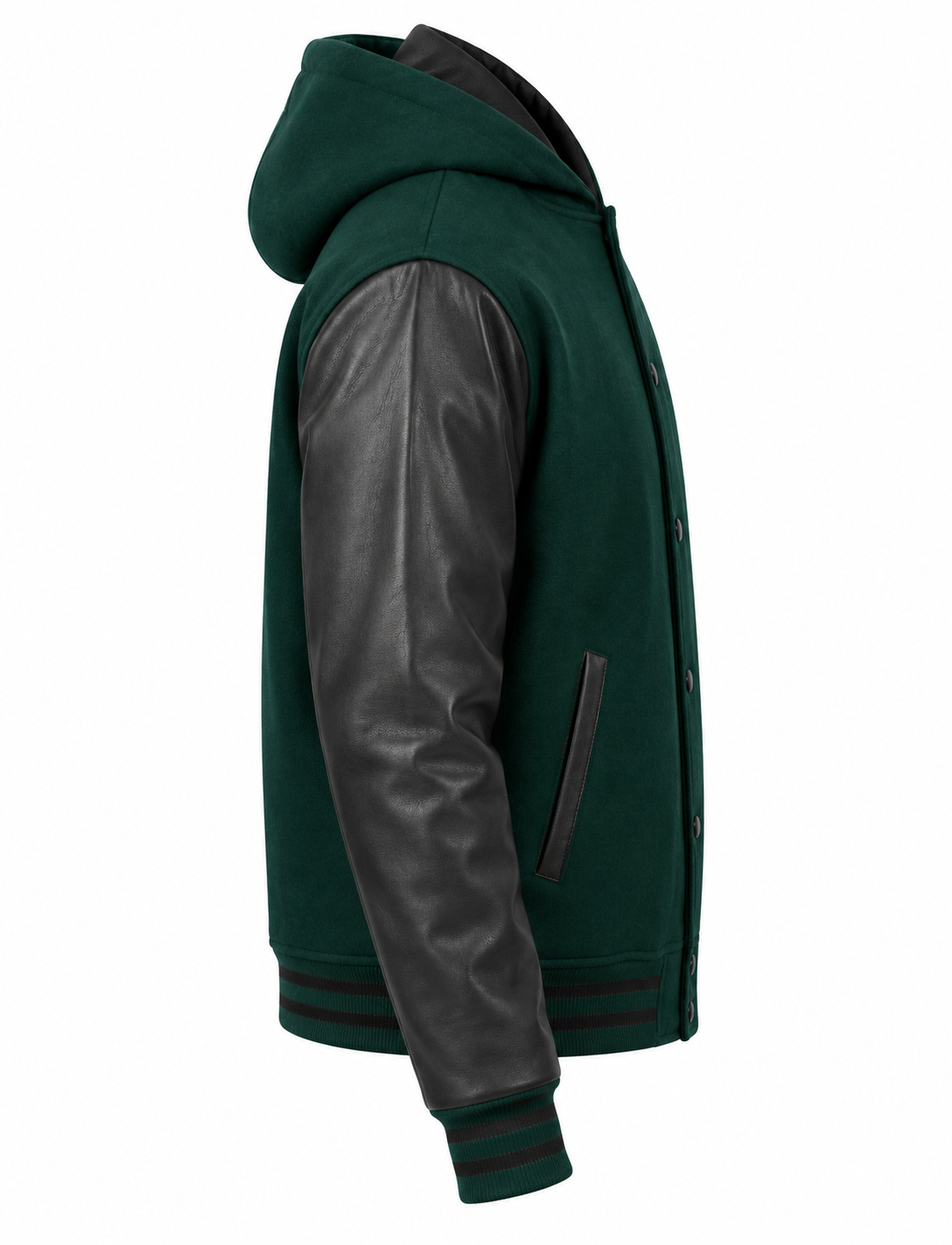Dark Green Wool and Black Leather Sleeves Varsity Hoodie Right Sleeve View