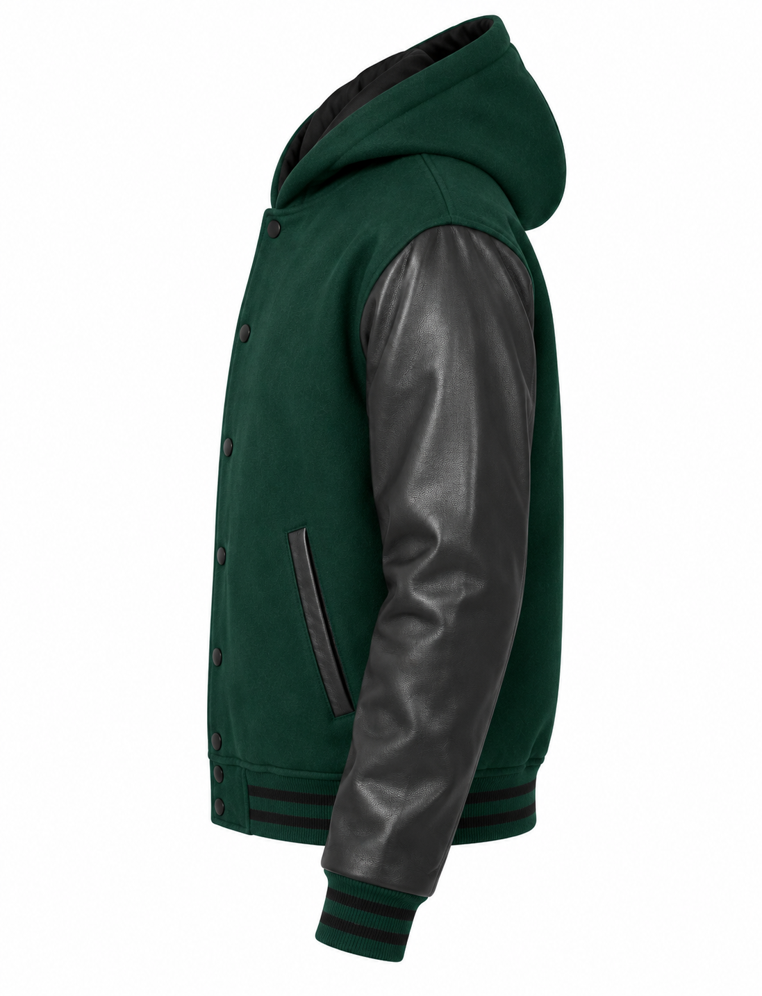 Dark Green Wool and Black Leather Sleeves Varsity Hoodie Left Sleeve View