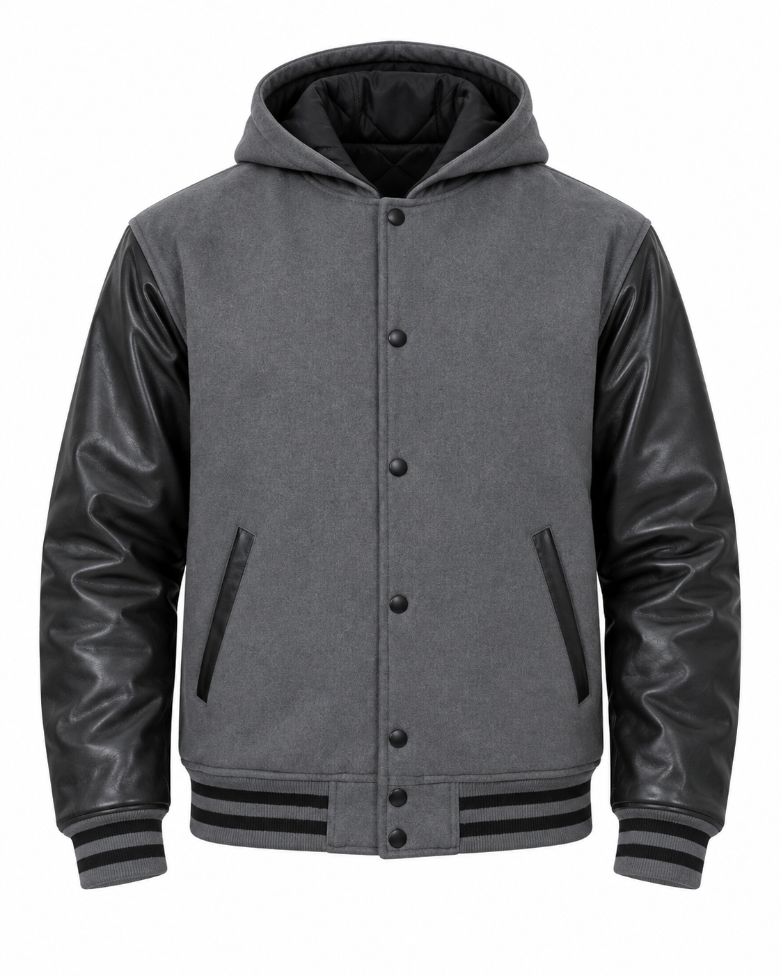 Dark Gray Wool and Black Leather Sleeves Varsity Jacket with Hood Front View