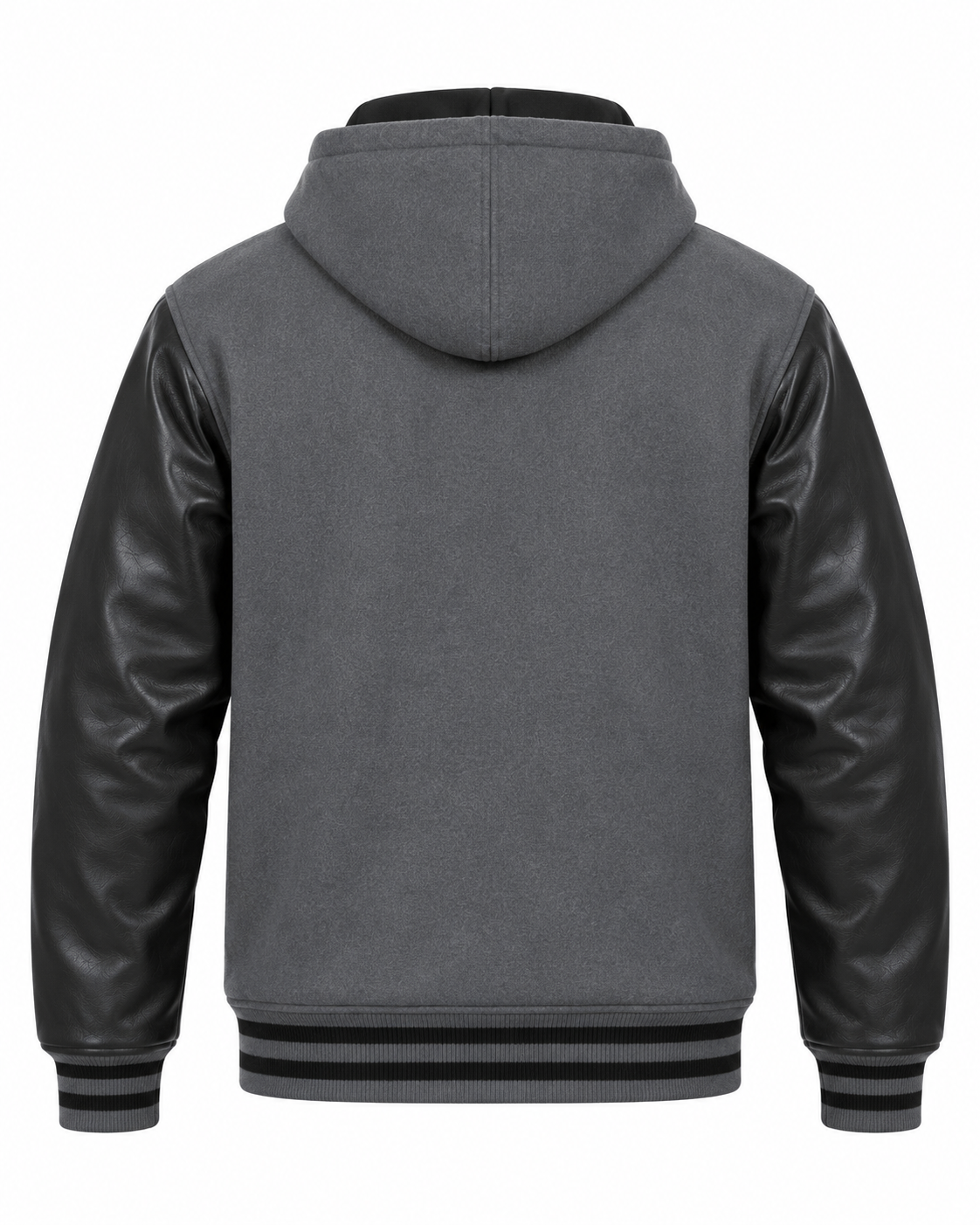 Dark Gray Wool and Black Leather Sleeves Varsity Jacket with Hood Back View