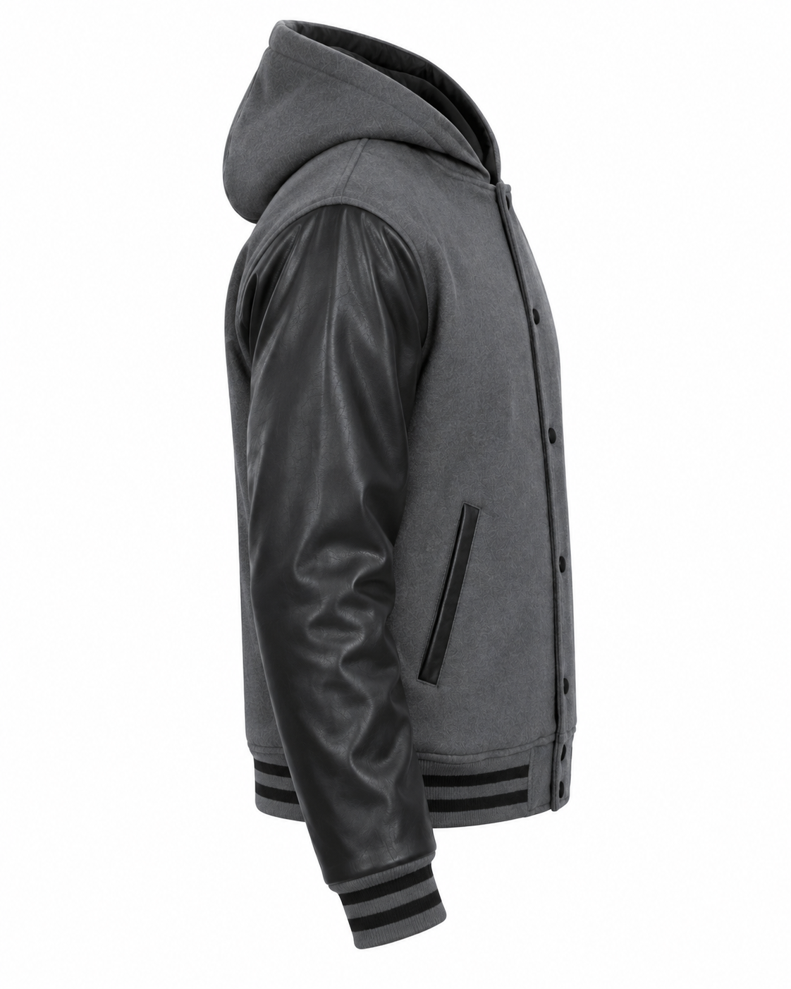 Dark Gray Wool and Black Leather Sleeves Varsity Jacket with Hood Right Sleeve View