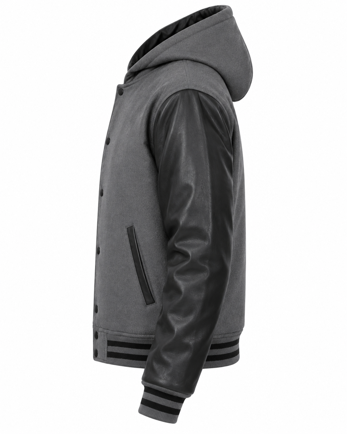 Dark Gray Wool and Black Leather Sleeves Varsity Jacket with Hood Left Sleeve View
