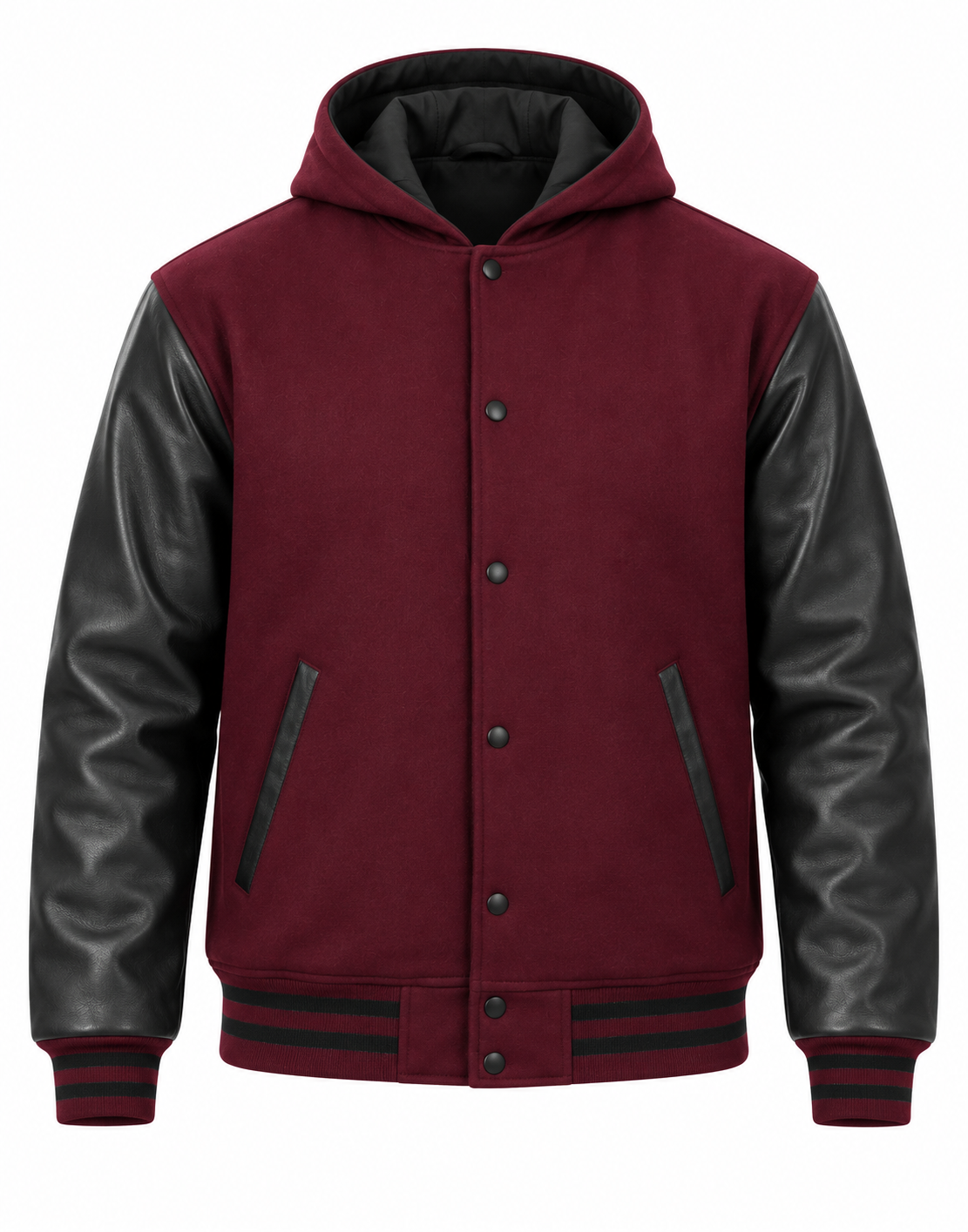 Dark Maroon Wool and Black Leather Sleeves Hooded Letterman Jacket Front View
