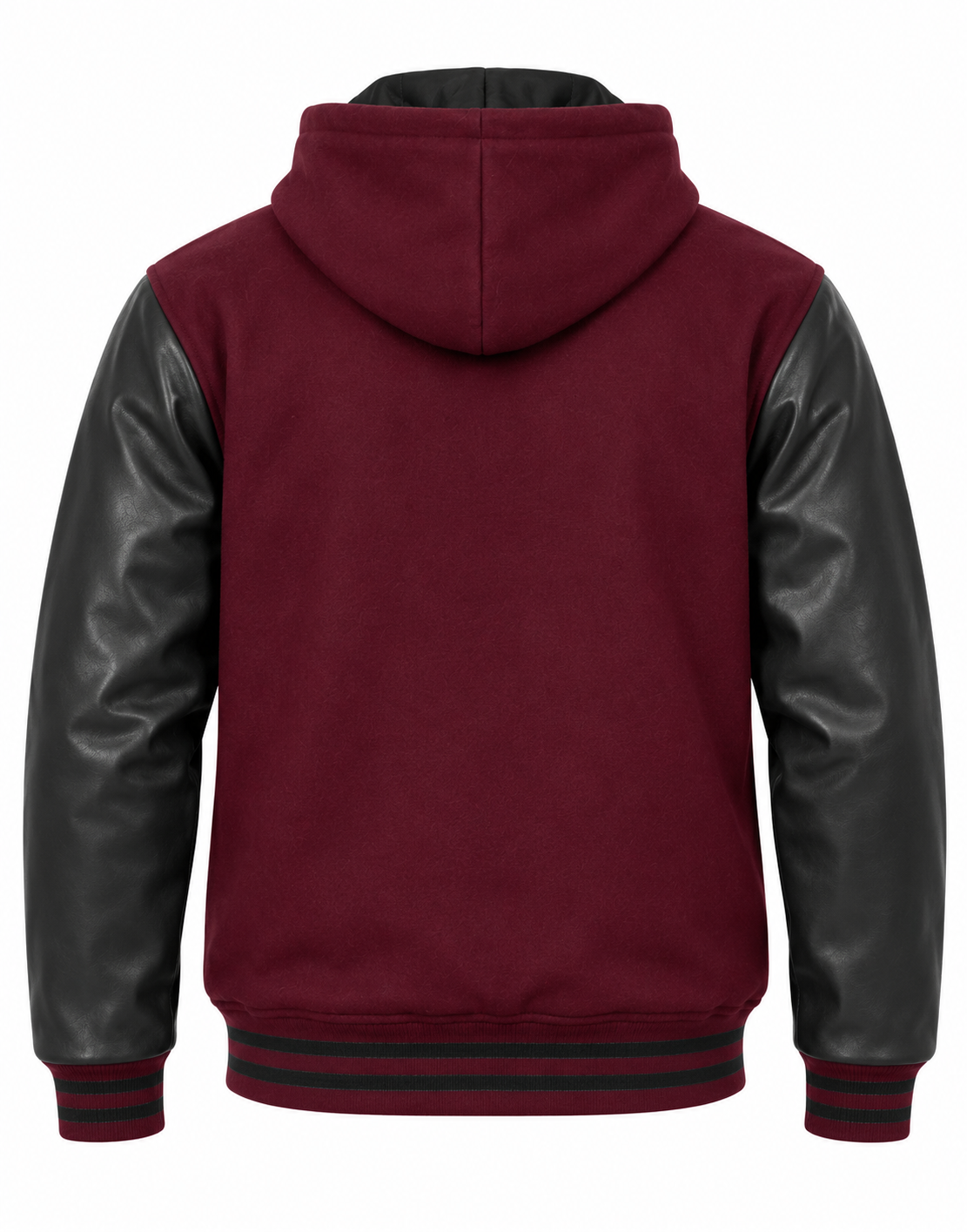 Dark Maroon Wool and Black Leather Sleeves Hooded Letterman Jacket Back View