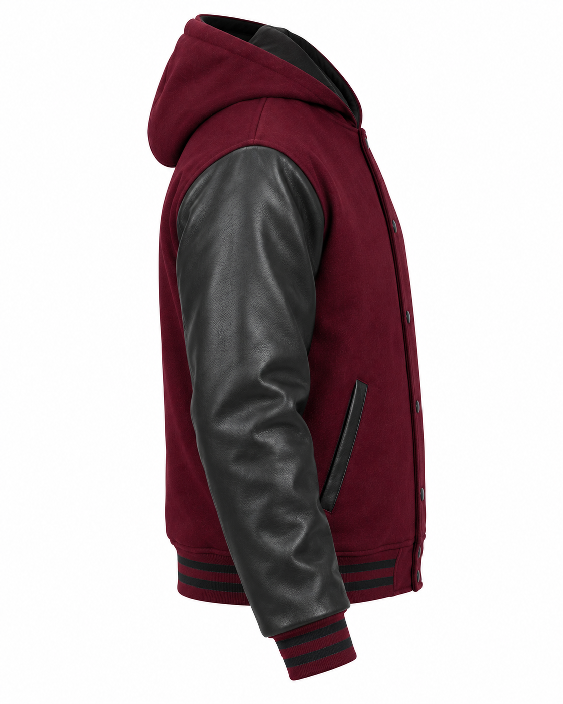 Dark Maroon Wool and Black Leather Sleeves Hooded Letterman Jacket Right Sleeve View