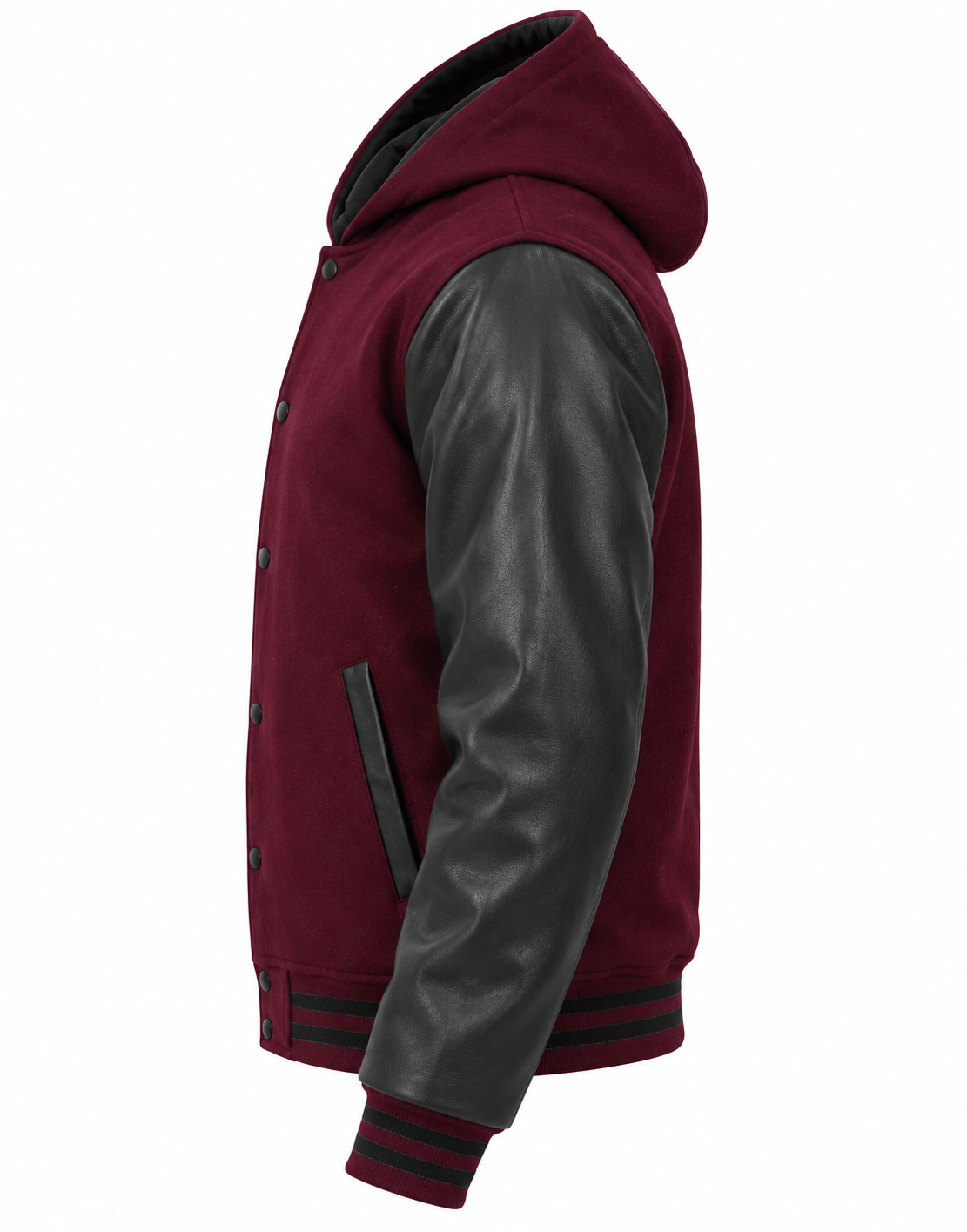 Dark Maroon Wool and Black Leather Sleeves Hooded Letterman Jacket Left Sleeve View