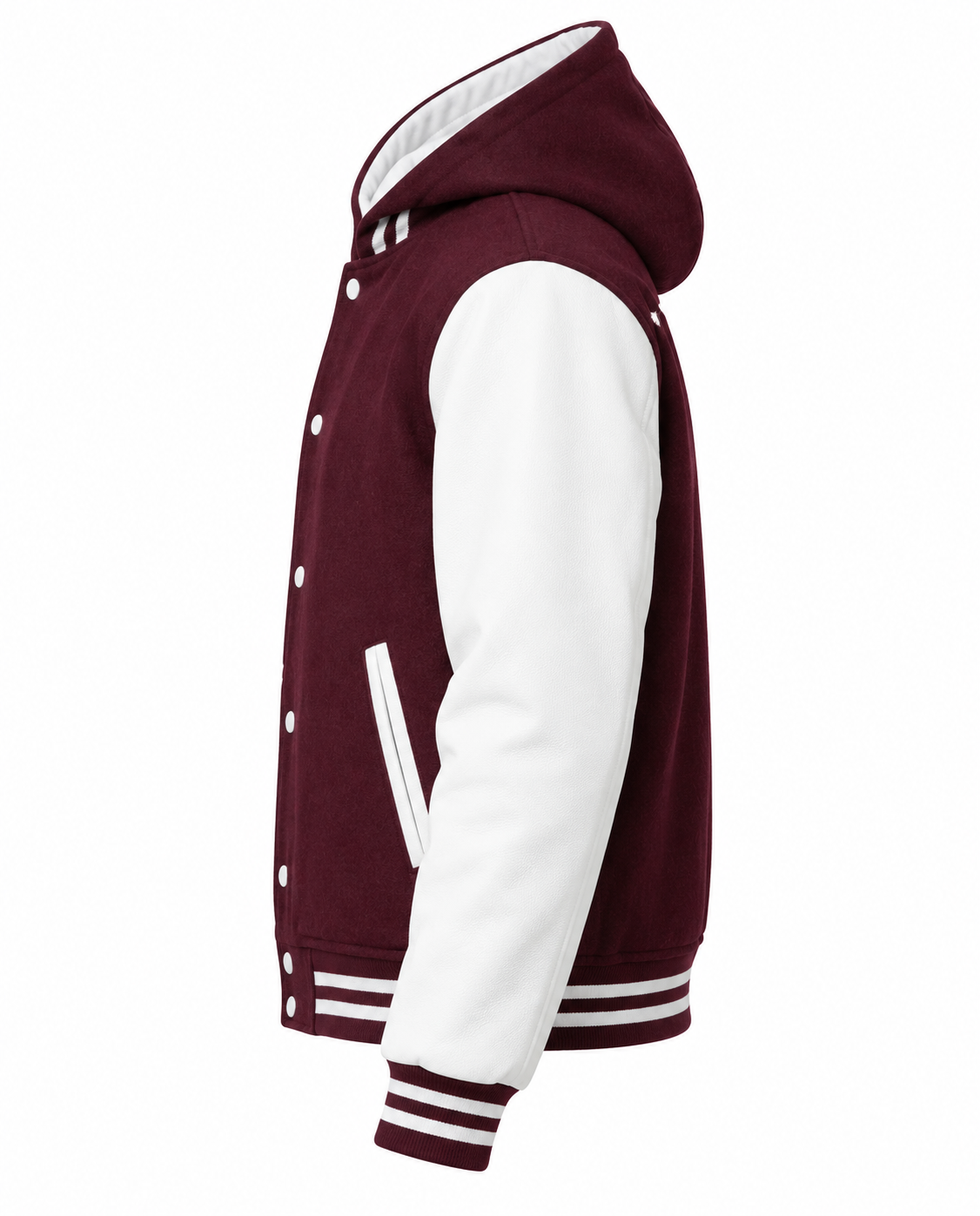 Maroon Letterman Jacket Hood Left Sleeve View