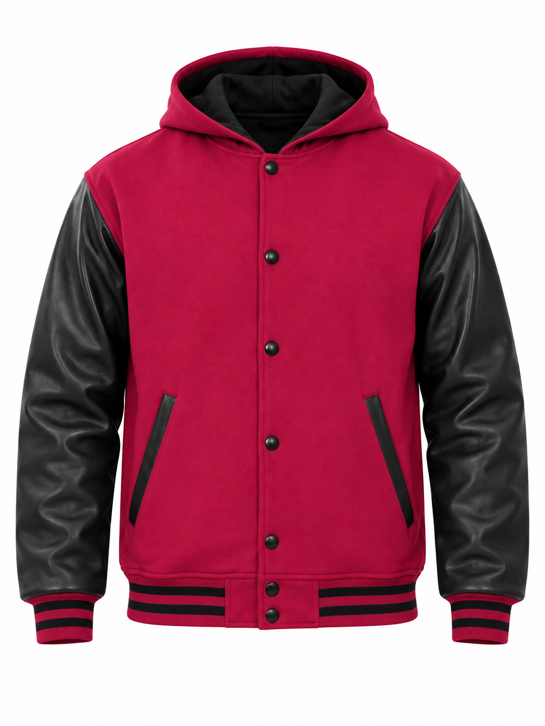 Hot Pink Wool and Black Leather Sleeves Varsity Jacket with Hood Front View