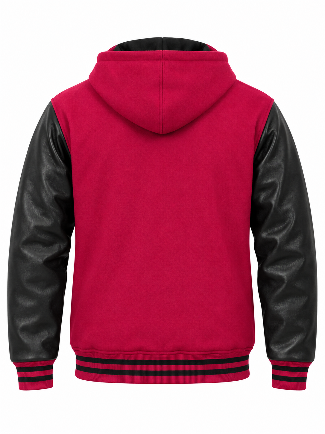 Hot Pink Wool and Black Leather Sleeves Varsity Jacket with Hood Back View