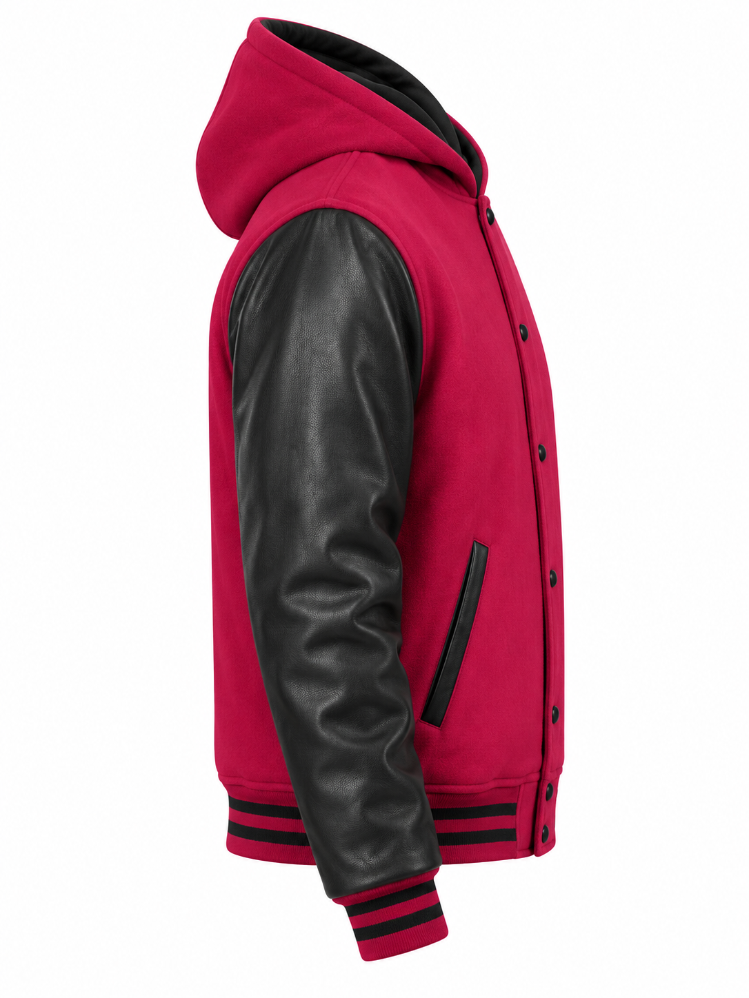 Hot Pink Wool and Black Leather Sleeves Varsity Jacket with Hood Right Sleeve View