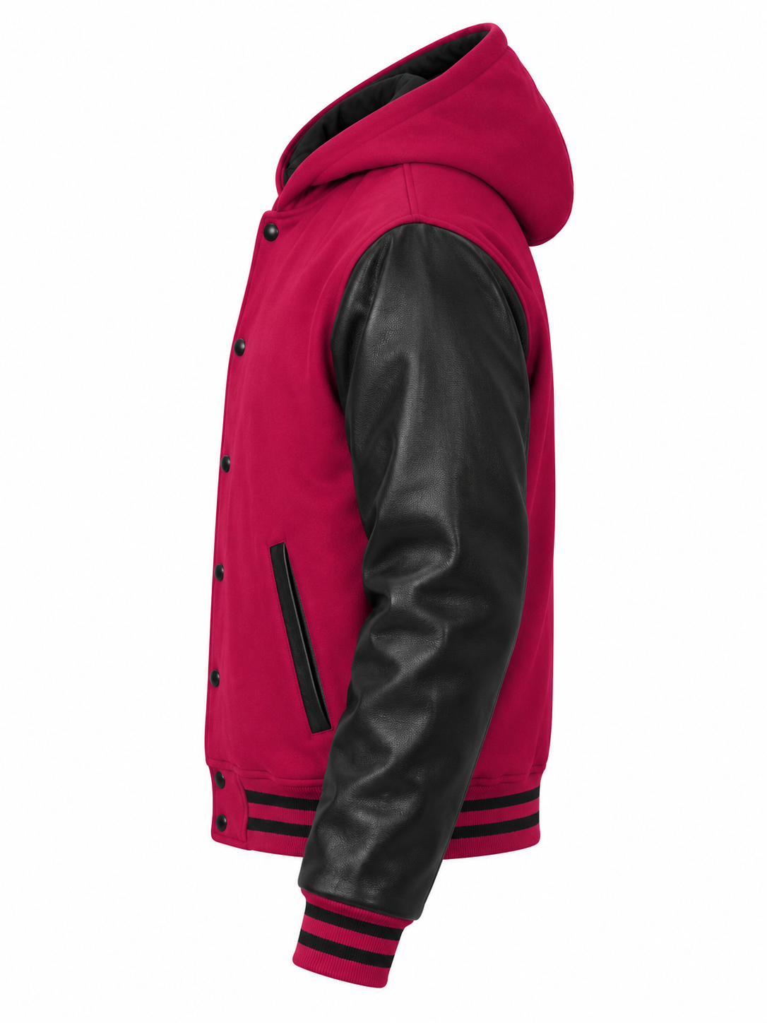 Hot Pink Wool and Black Leather Sleeves Varsity Jacket with Hood Left Sleeve View