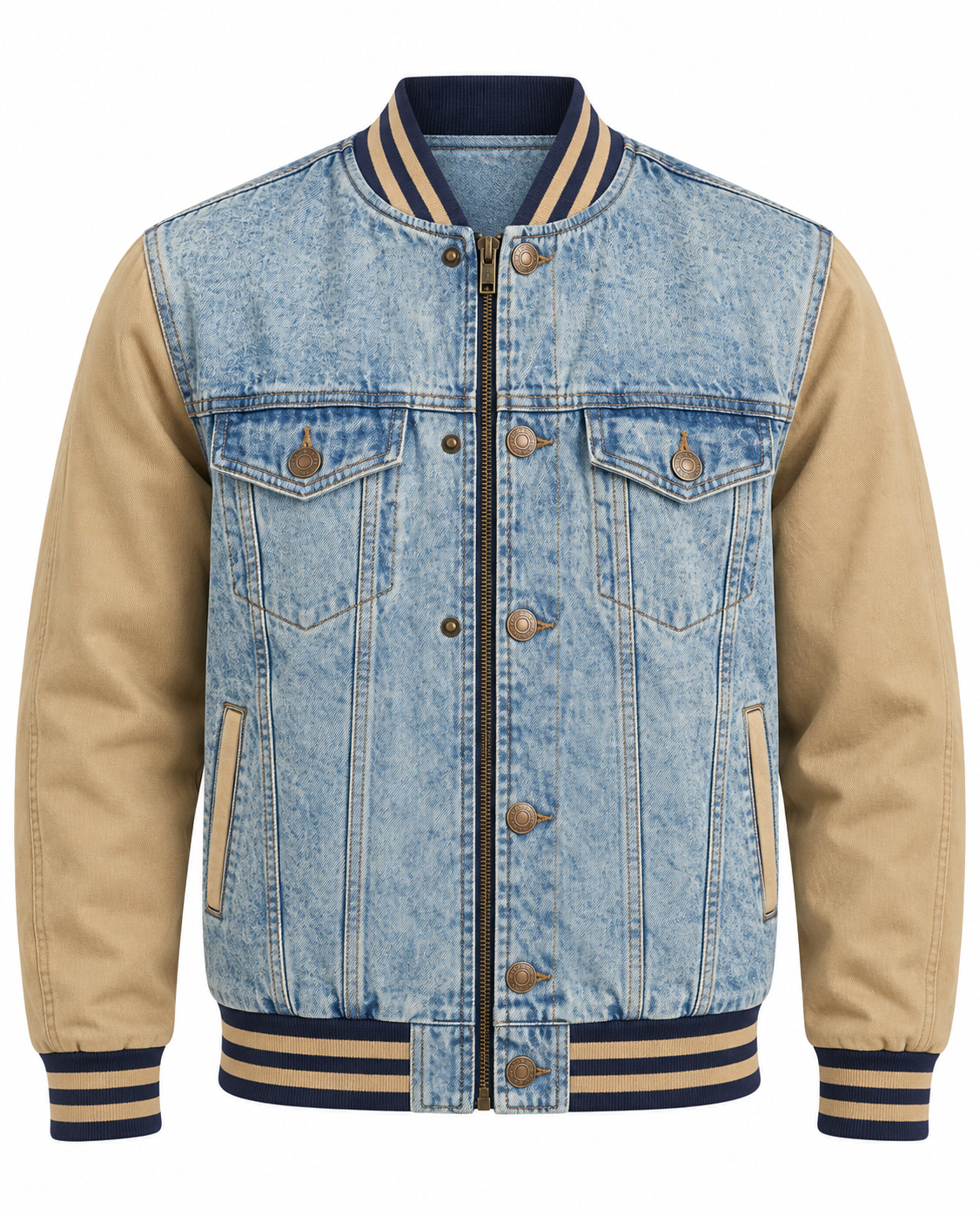 Denim Varsity Jacket Cotton Twill Sleeves Front View