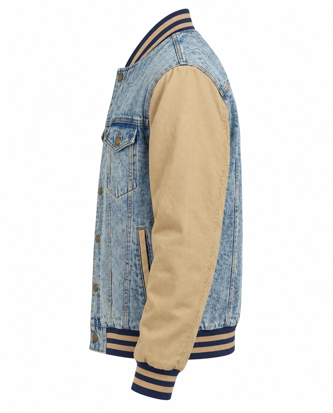 Denim Varsity Jacket Cotton Twill Sleeves Left Sleeve View