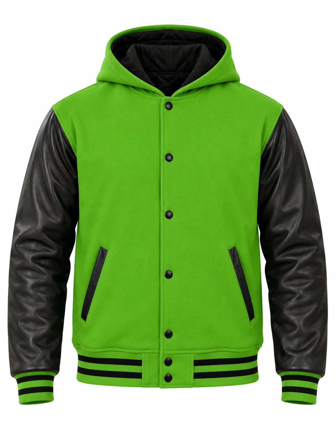 Kelly Green Wool and Black Leather Sleeves Hooded Letterman Jacket Front View
