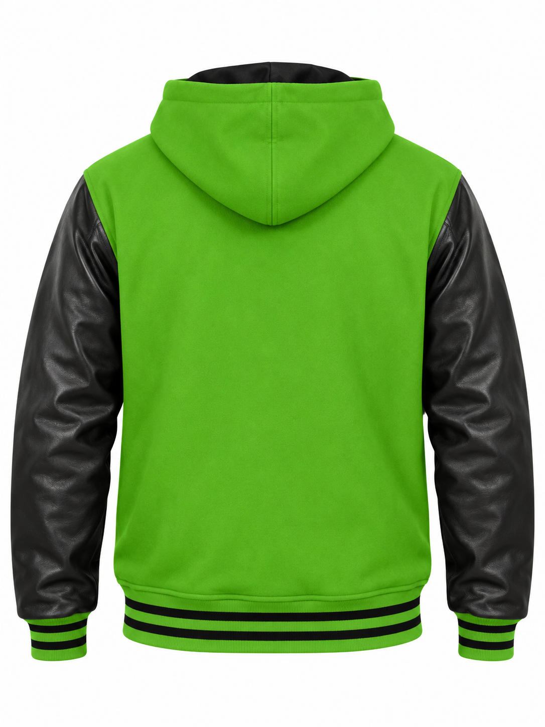 Kelly Green Wool and Black Leather Sleeves Hooded Letterman Jacket Back View