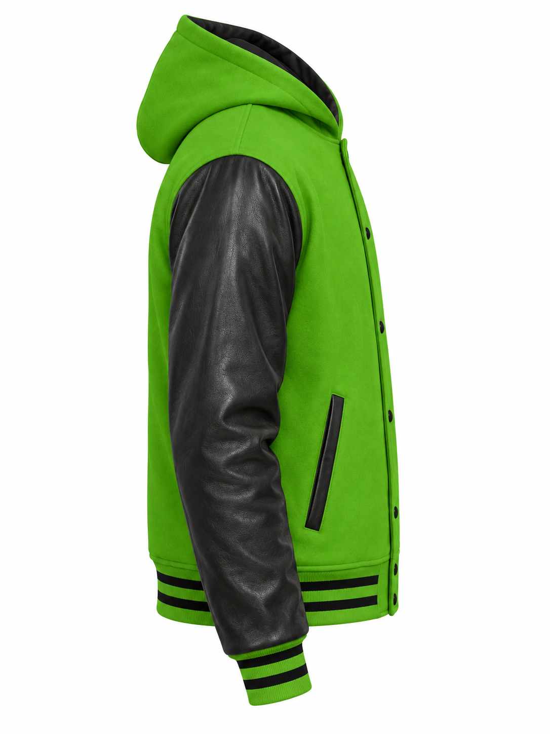 Kelly Green Wool and Black Leather Sleeves Hooded Letterman Jacket Right Sleeve View