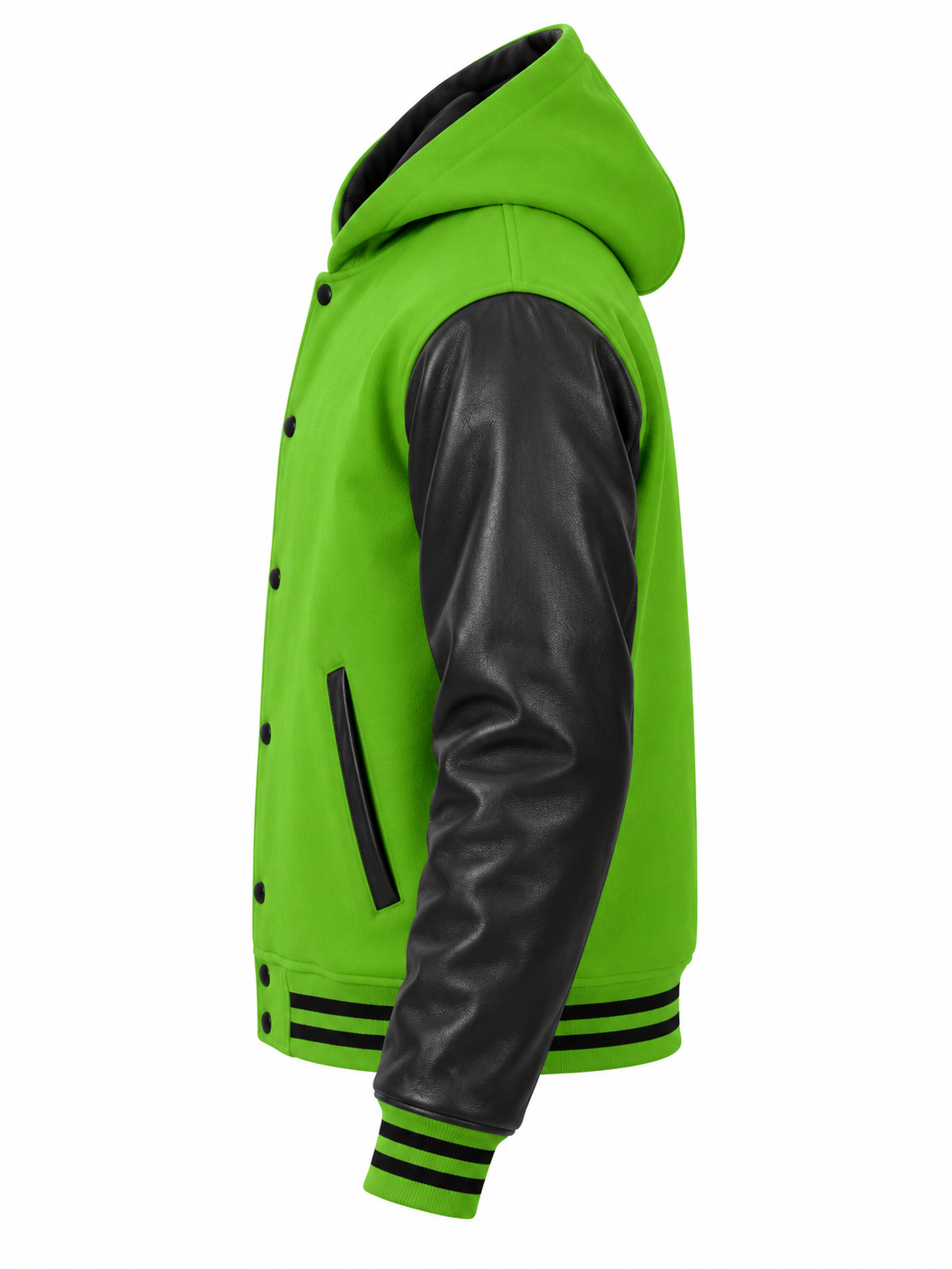 Kelly Green Wool and Black Leather Sleeves Hooded Letterman Jacket Left Sleeve View