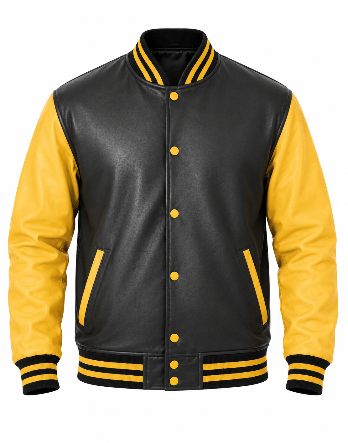 All-Leather Nappa Varsity Jacket Gold & Black Front View